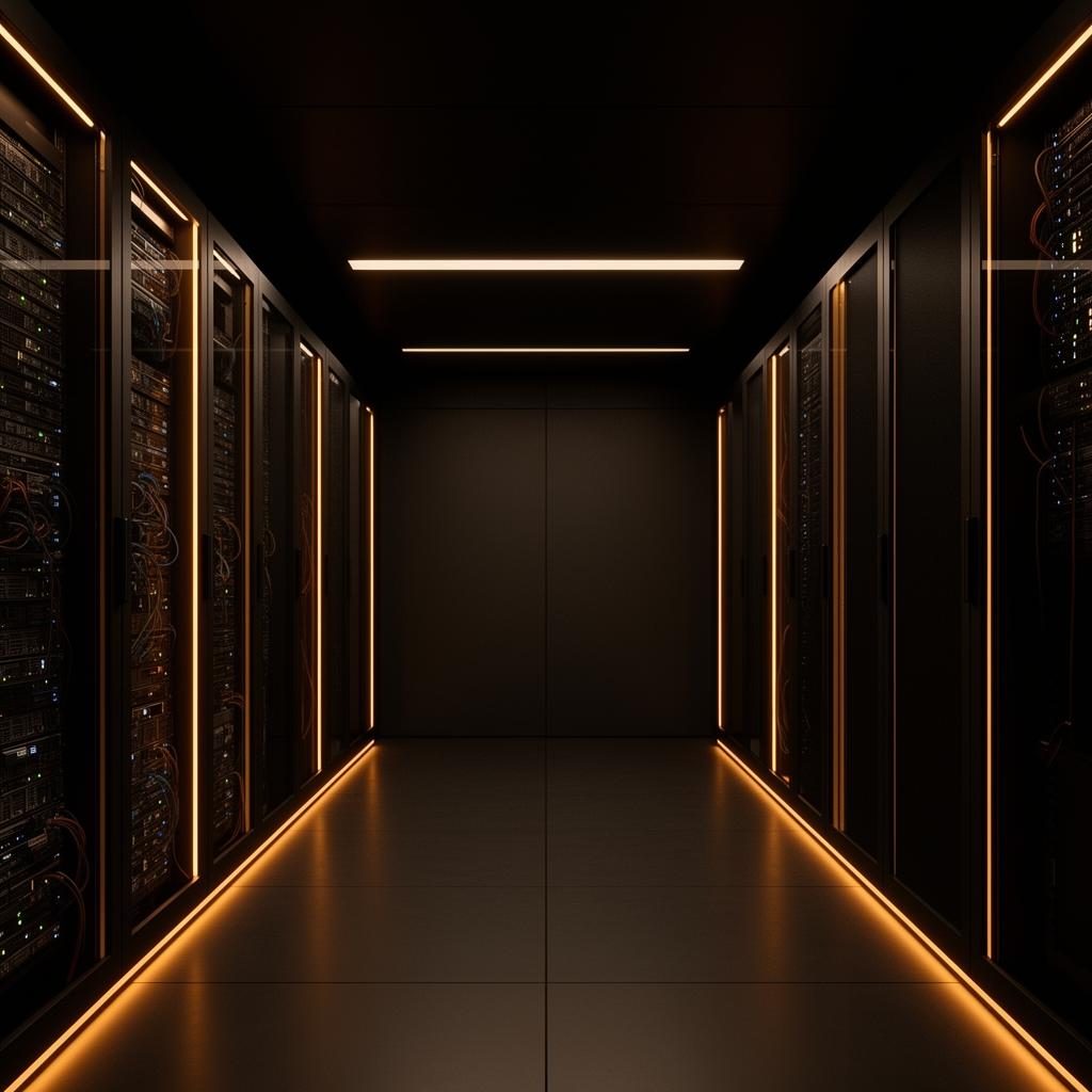 Corredor de centro de datos con iluminación ámbar
